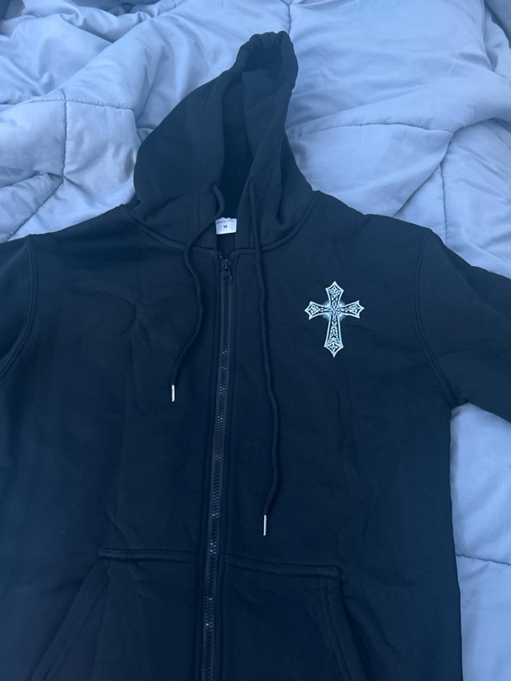 Men's Black Zip-Up Hoodie with Embroidered Cross Patch